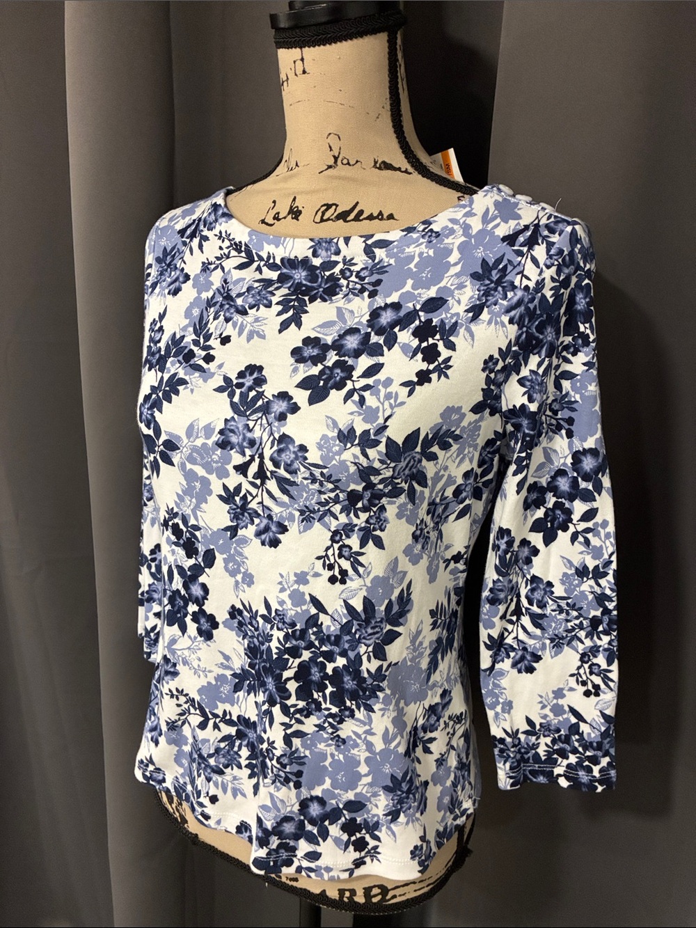 Charter Club Blue and White Floral Boatneck Top